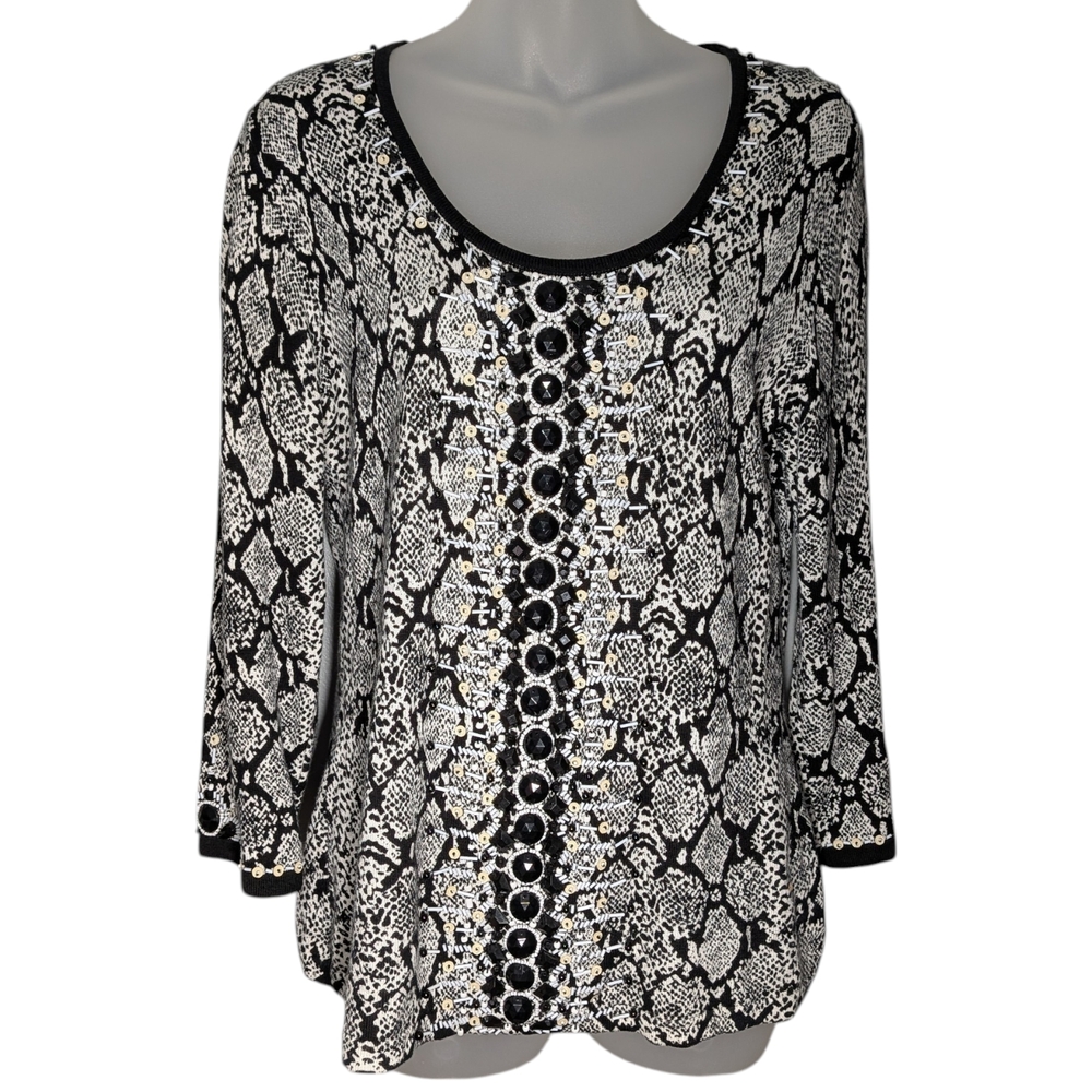 Berek Medium 3/4 Sleeve Embellished Stretchy Animal Print 3/4 Sleeve Blouse